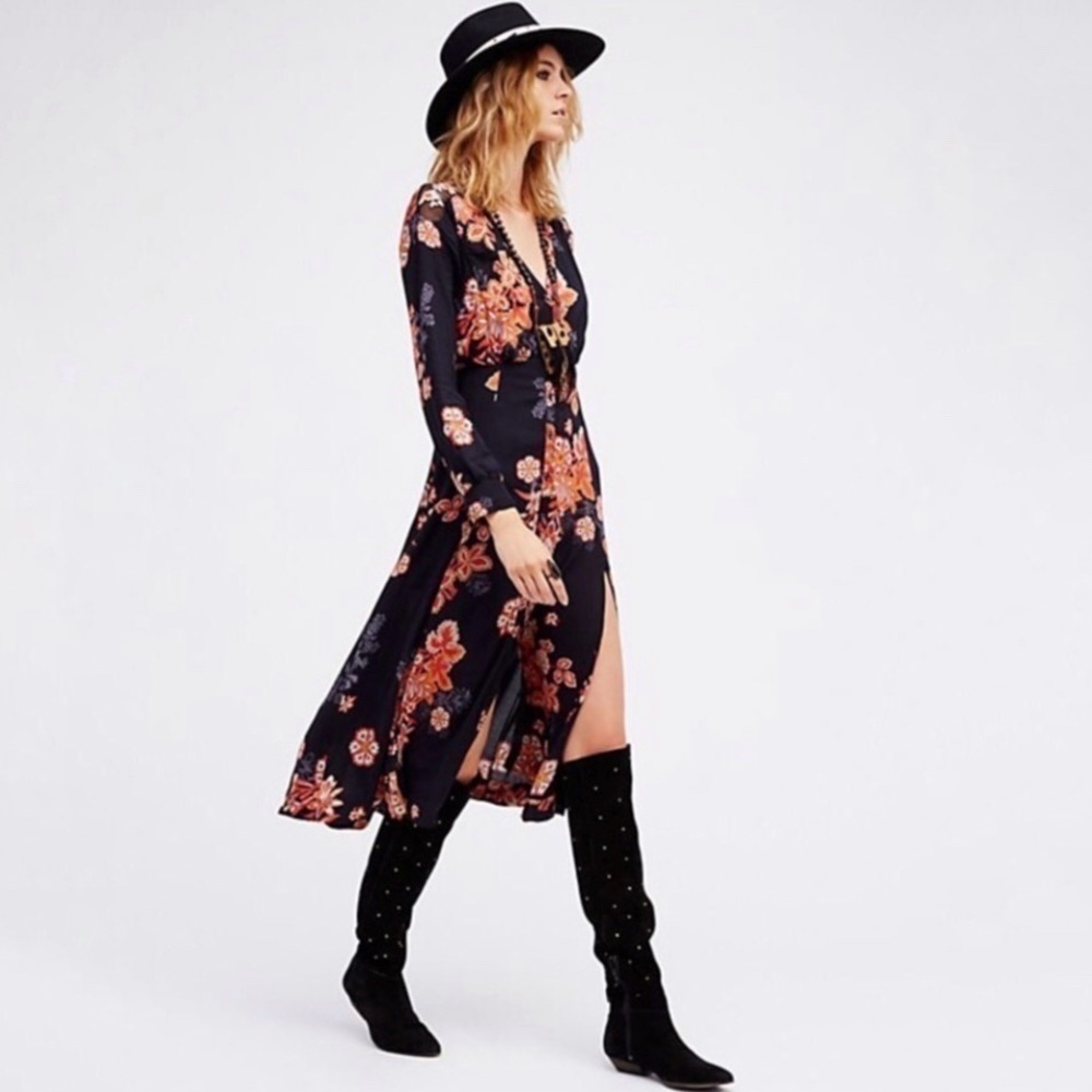 Free People Miranda Floral Button Front Midi Dress Black Combo 2
